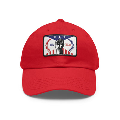 FBA Lineage Dad Hat – red chino twill cap with raised fist and FBA heritage leather patch
