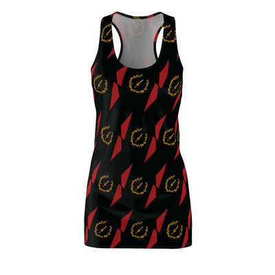 FBA Lineage Racerback Dress – Black, red, and gold heritage print featuring Soulaan flag design with sword and wreath, Foundational Black American style